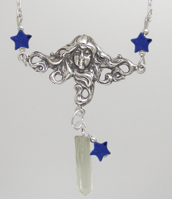 Sterling Silver Woman Maiden of the Morning Star Necklace With Clear Quartz And Lapis Lazuli Stars